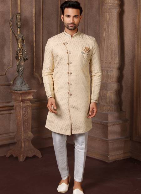 Cream Colour Heavy Jacquard Silk Digital Print Wedding Wear Indo Western Mens Collection 9251